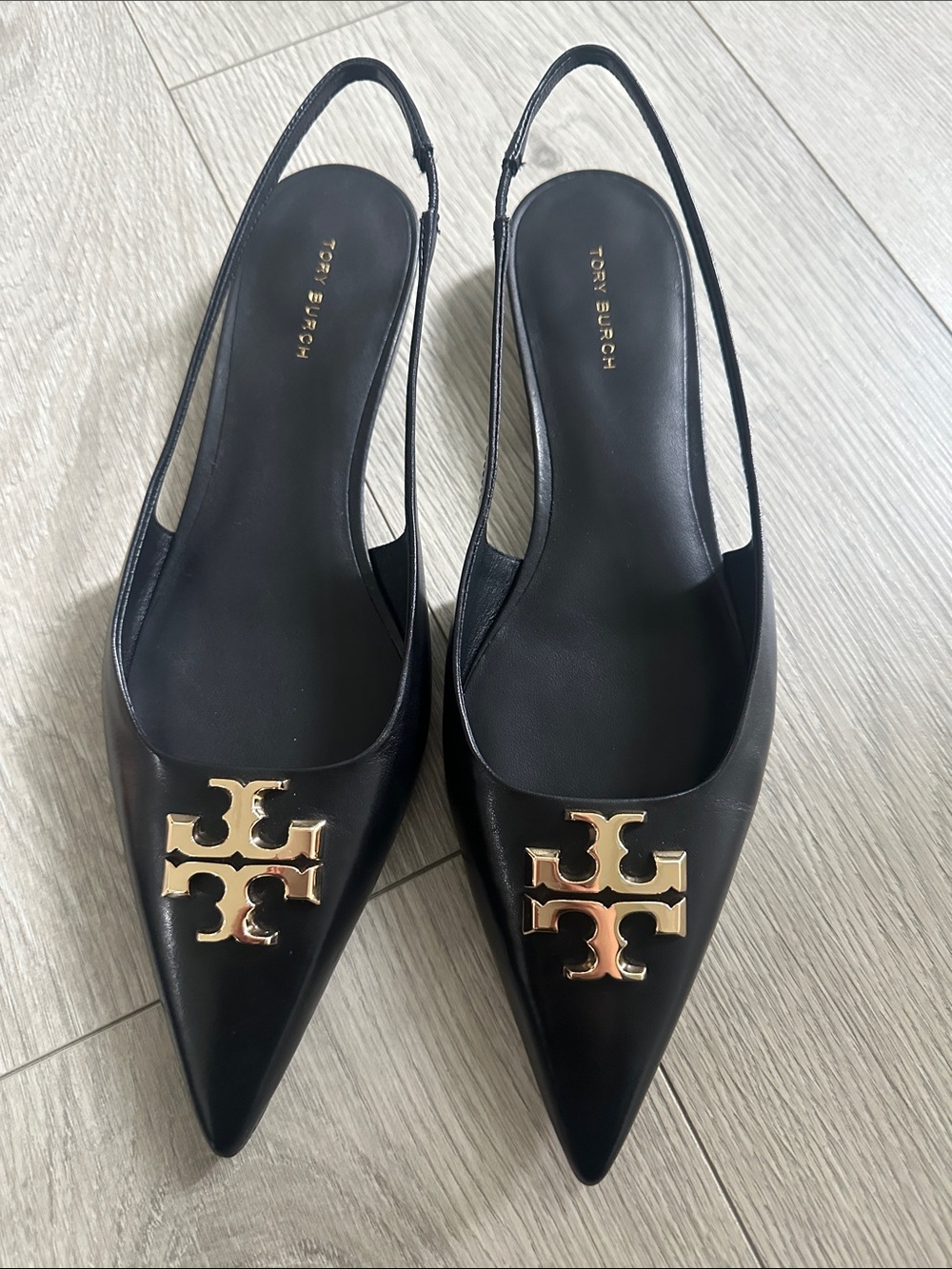 Tory Burch Black Leather Pointed Slingback Flats with Gold Logo, 8 NWOT